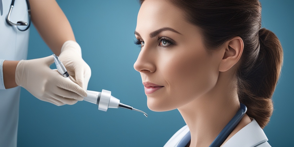 Doctor examining patient's anus with concern, subtle blue background, medical equipment.