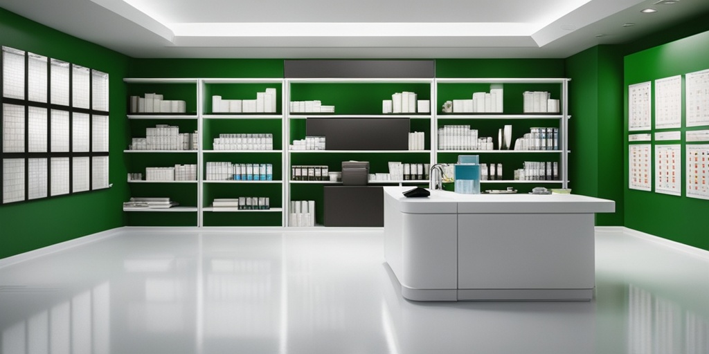 Doctor examining patient's blood test results in a modern medical laboratory with green accent wall.