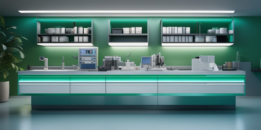 Doctor examining patient's blood test results in modern hospital laboratory with medical equipment in background.