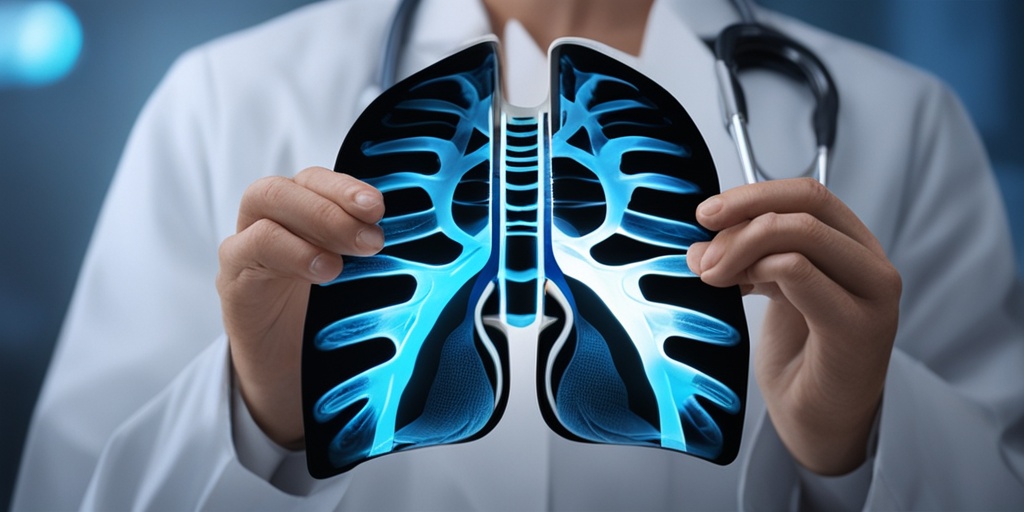 Doctor examining patient's chest X-ray with concerned expression, with subtle blue background representing focus on diagnosis.