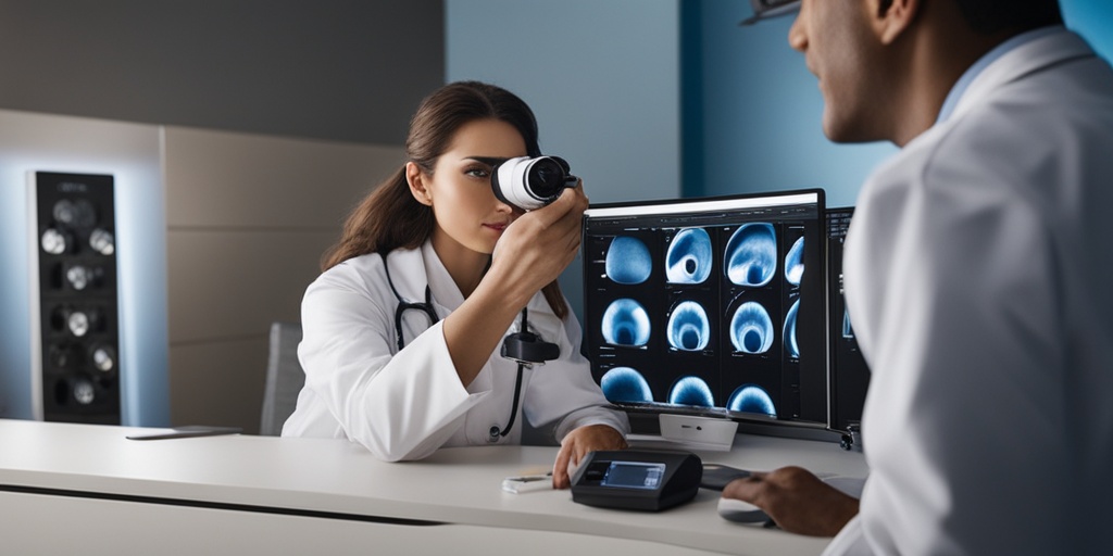 Doctor examining patient's eyes with ophthalmoscope, subtle blue tone conveying professionalism.