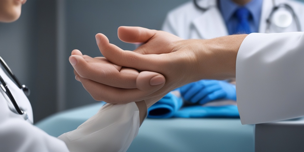 Doctor examining patient's hand with chilblains in a medical setting.