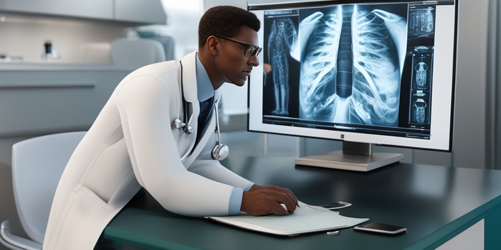 Doctor examining patient's hands and joints for Rheumatoid Arthritis diagnosis, surrounded by medical equipment in a professional green and blue tone.