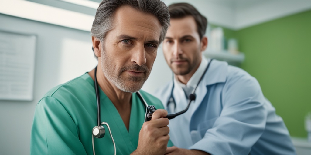 Doctor examining patient's skin with a dermatoscope, diagnosing Molluscum Contagiosum, in a neutral green-toned setting.