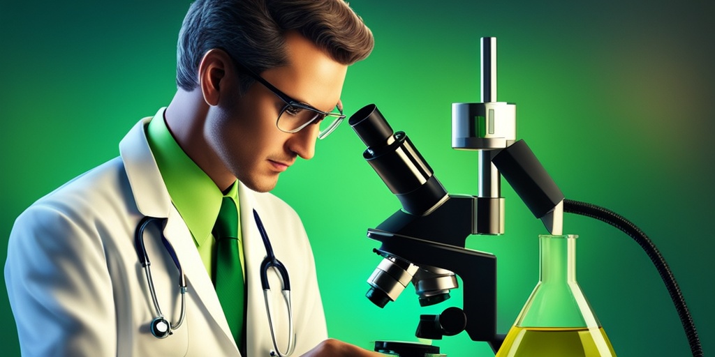 Doctor examining urine sample under microscope with subtle green background and medical elements.