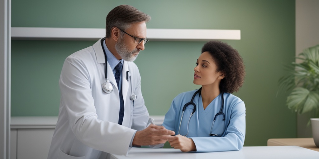 Doctor explaining Thyroid Disease symptoms to a concerned patient, pointing to a diagram.