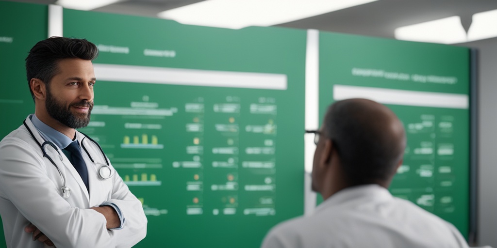 Doctor explaining cost-effective treatment options to a patient in front of a whiteboard.