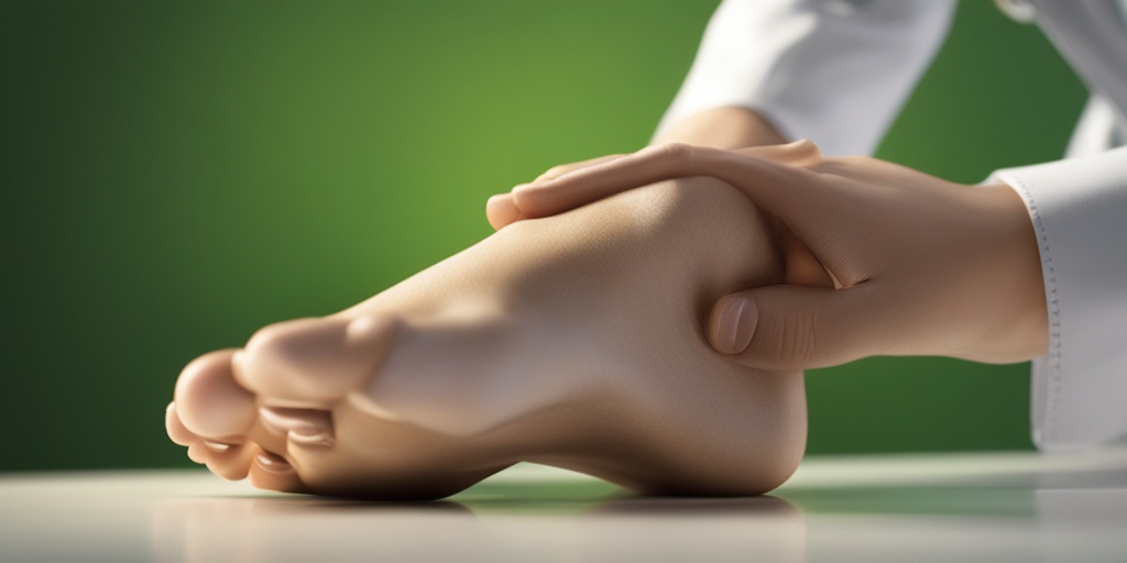 Doctor gently examines patient's foot with hammertoe, focusing on the affected toe in a professional green setting.