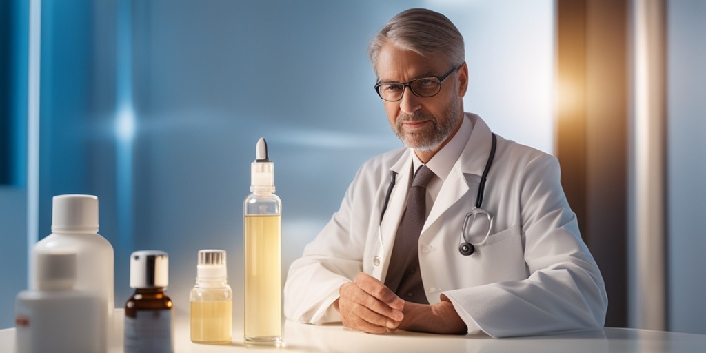 Doctor holds allergy serum and syringe with reassuring expression