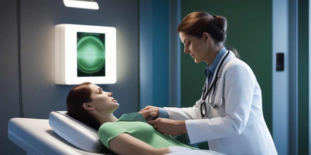 Doctor performing Thyroid Disease diagnosis, conducting an ultrasound examination on a patient.