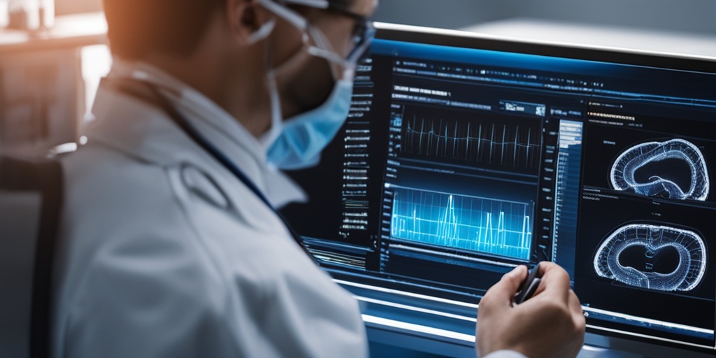 Doctor performing diagnostic tests for Labyrinthitis in a well-lit clinical setting with subtle blue tone and glowing medical equipment.