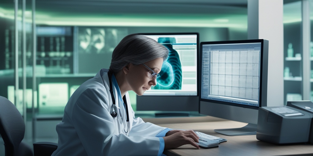 Doctor reviewing PET scan result on computer screen with concerned but hopeful expression.