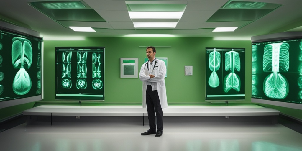 Doctor reviewing medical test results with a focused expression in a green background