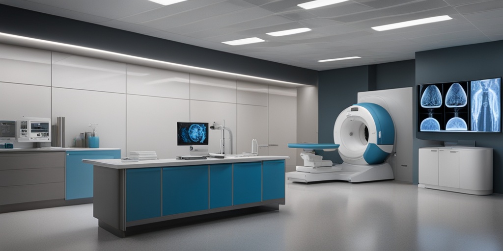 Doctor standing in front of a large monitor displaying brain scans and MRI results in a modern medical facility.