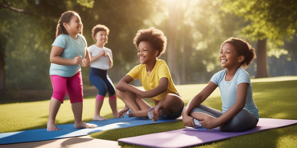 Group of overweight children participating in a fun outdoor fitness class like yoga or dance, promoting physical activity.