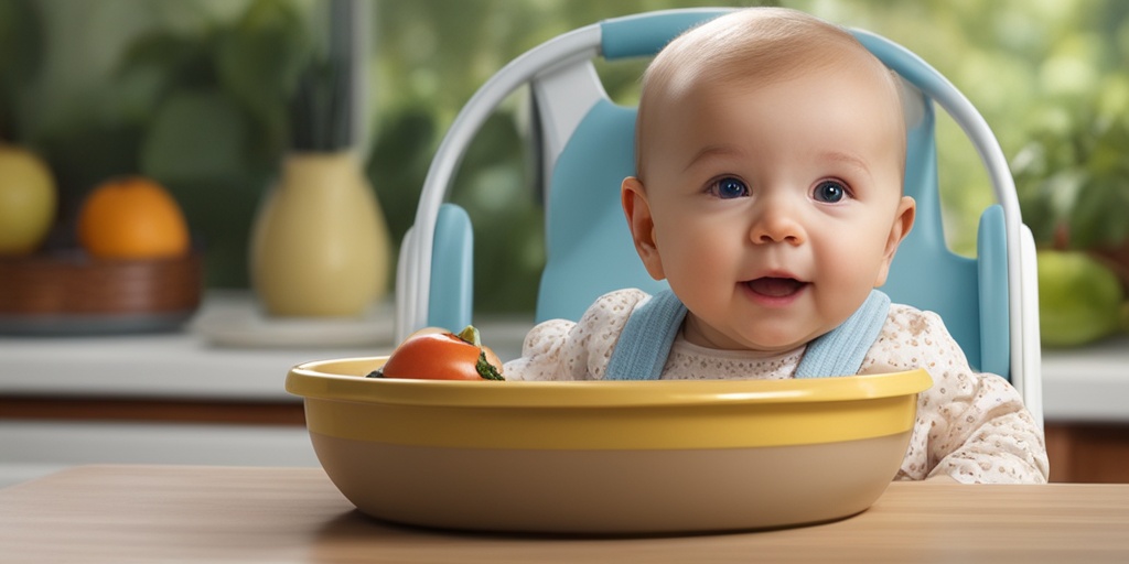 Happy 9-12 month old baby sits in high chair surrounded by nutritious foods