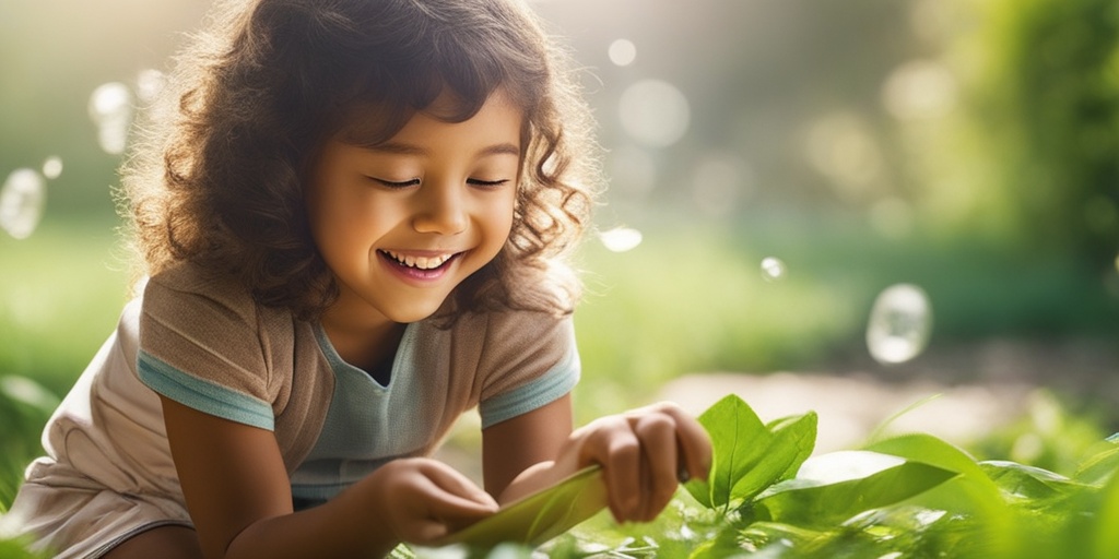 Happy child plays outdoors, promoting good hygiene practices, surrounded by greenery and natural elements.