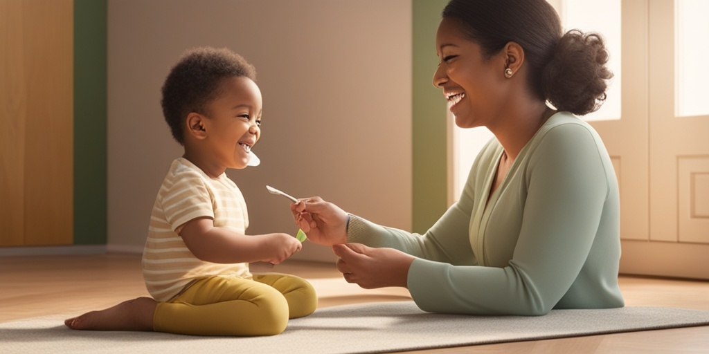 Happy child plays with speech therapist, coping with tongue-tie and receiving support.