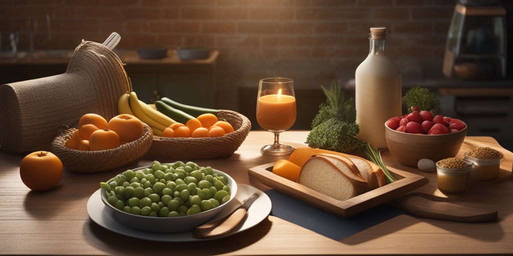 Happy family gathered around bountiful table with organic fruits, vegetables, and whole grains.