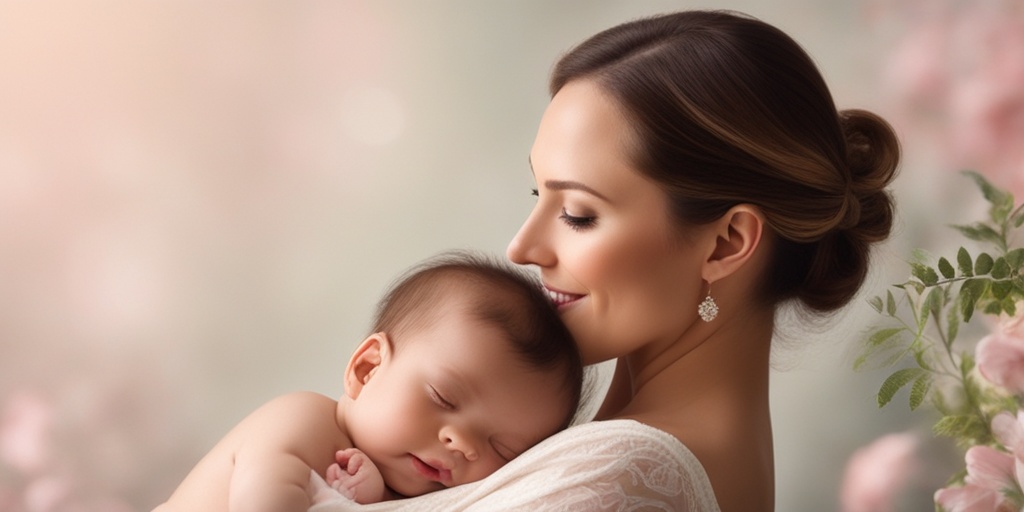 Happy mother holds thriving baby surrounded by greenery and soft lighting, highlighting breast-feeding benefits.