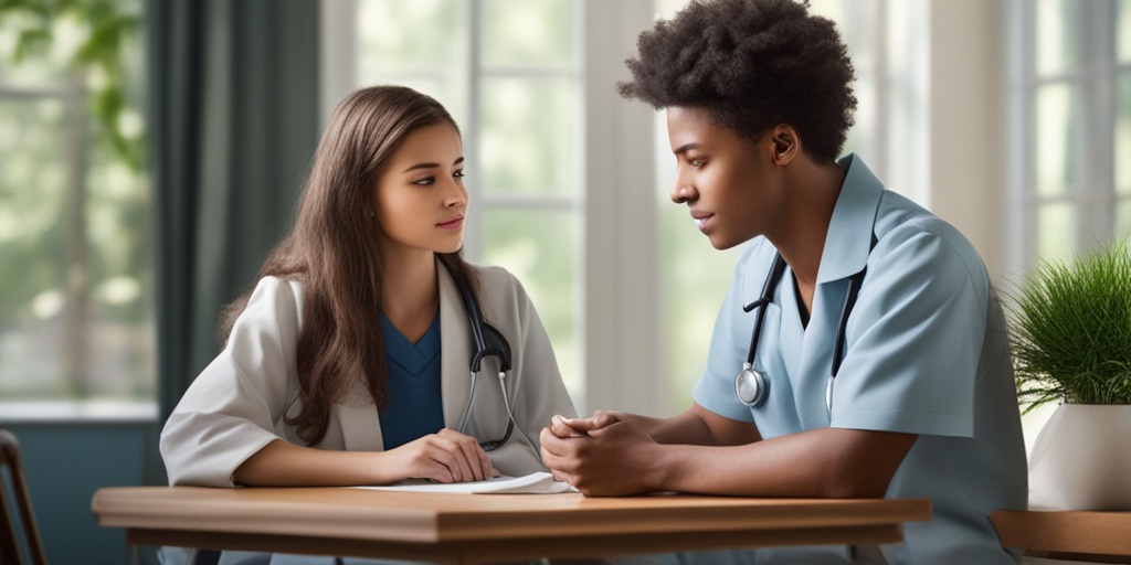 Healthcare professional actively listening to a teenager in a cozy environment, conveying trust and support.