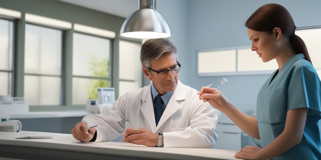 Healthcare professional administering an allergy test to a patient in a medical setting with neutral background.