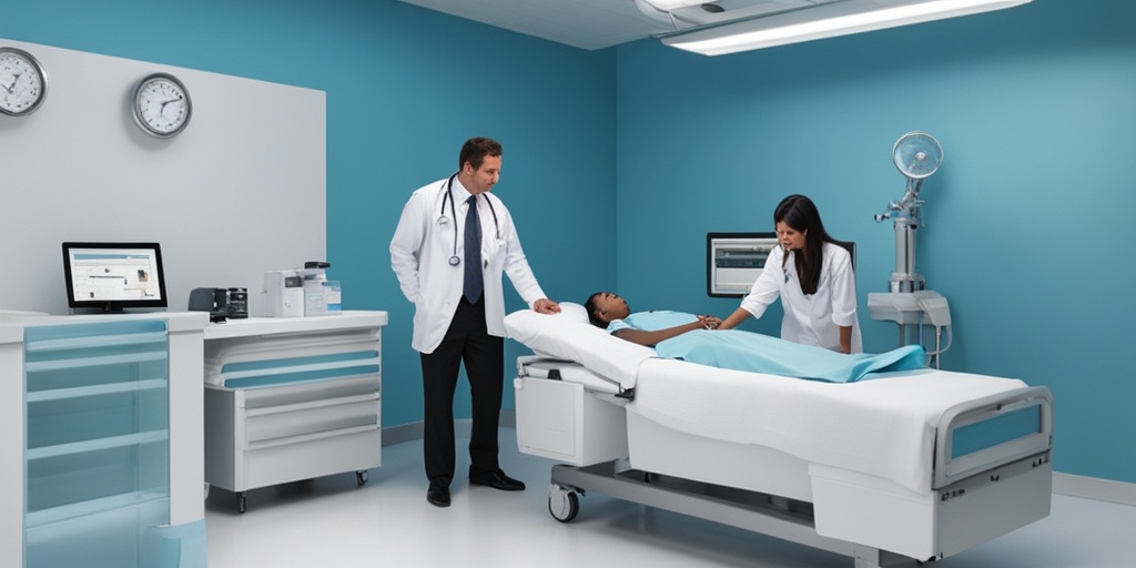 Healthcare professional diagnosing patient with digestive disorder against a calming blue background.