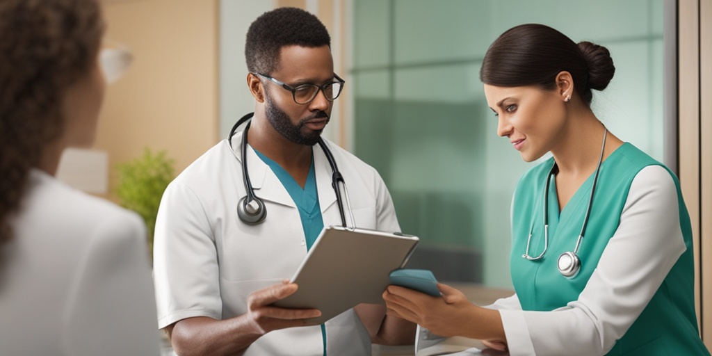 Healthcare professional discussing treatment options with concerned parent, with compassionate expression.