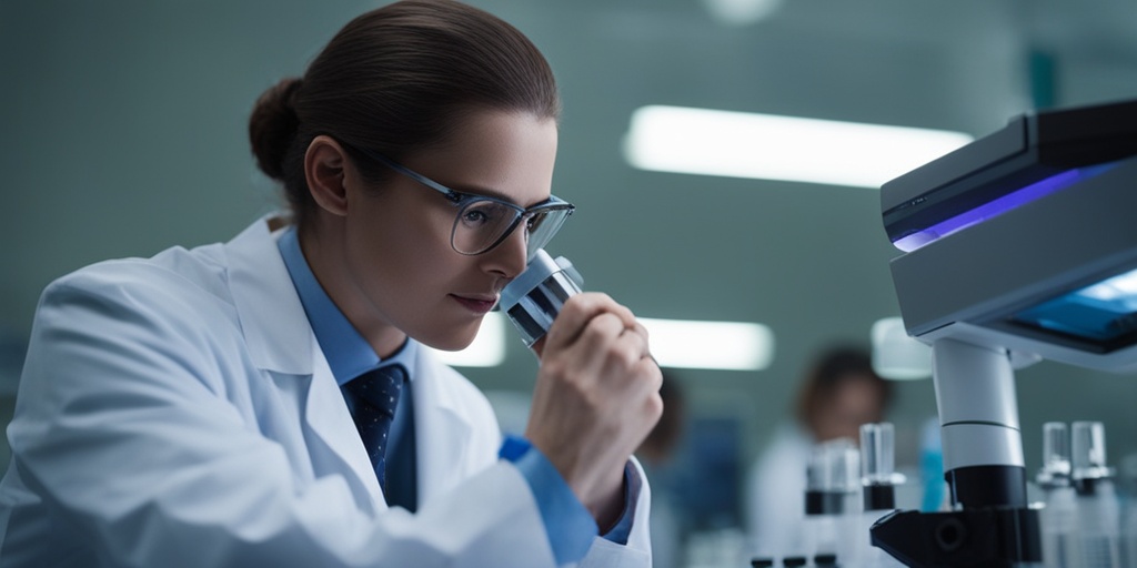 Healthcare professional examining blood sample under microscope in laboratory with subtle blue background.