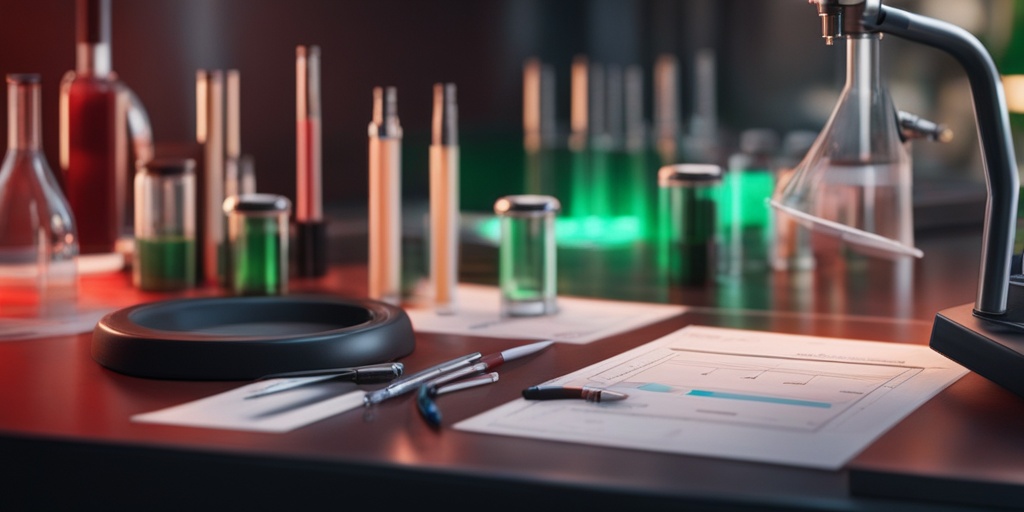 Healthcare professional examining patient's blood test results with medical equipment in background.