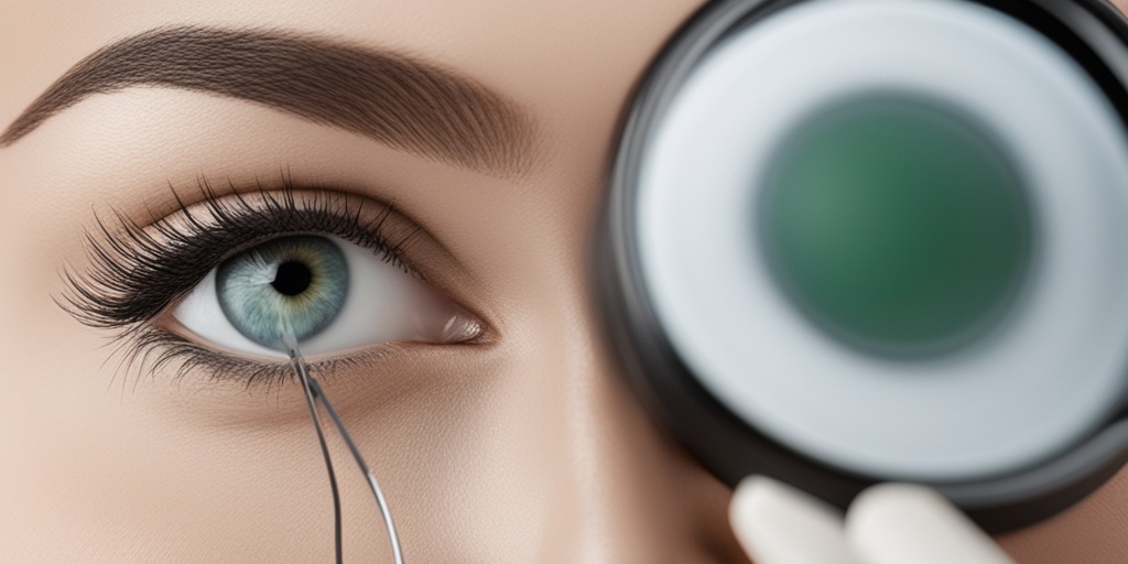 Healthcare professional examining patient's eyes with an ophthalmoscope in a calming green and white atmosphere.