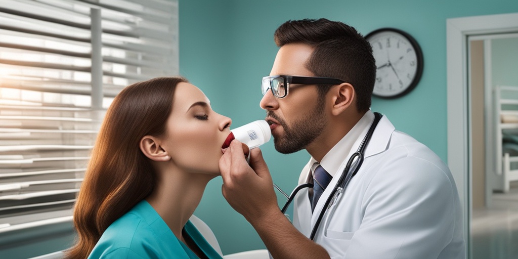 Healthcare professional examining patient's mouth with tongue depressor and flashlight, conveying professionalism and care.