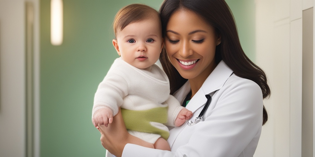 Healthcare professional gently holding a newborn baby with yellowish skin tone in a calming green background.