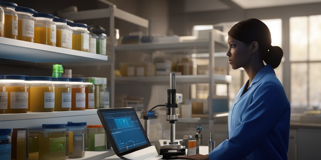 Healthcare professional in laboratory setting, surrounded by medical equipment and samples, on a professional blue background.