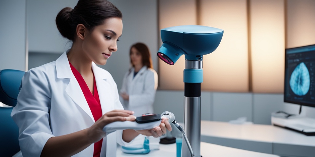 Healthcare professional performs pelvic exam with medical equipment in a doctor's office.