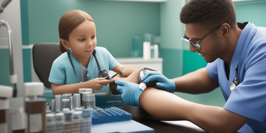 Healthcare professional takes blood sample from child's arm for MPS I diagnosis.