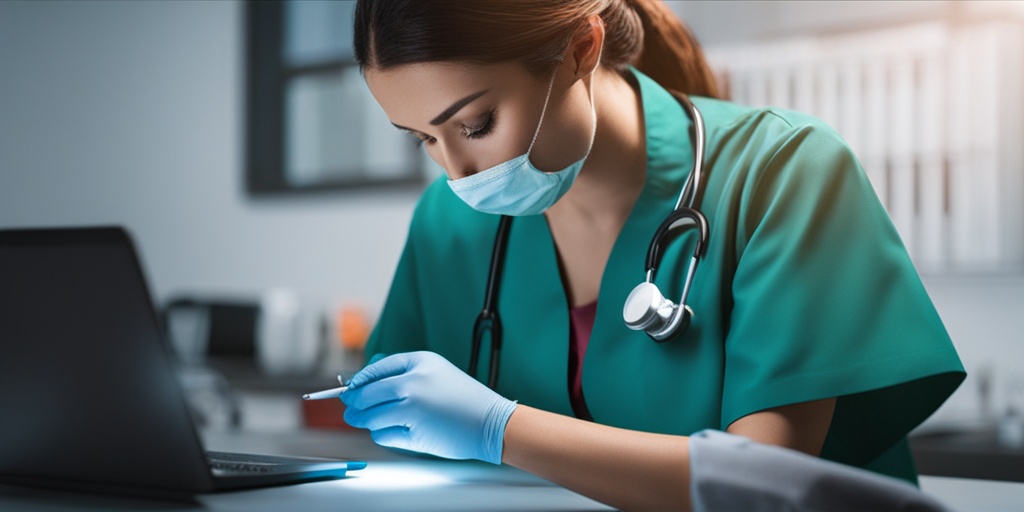 Healthcare professional taking a blood sample or examining a patient in a clinical setting.