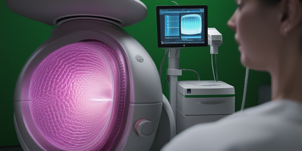 Healthcare provider performing Uterine Fibroid Embolization procedure with cinematic lighting and subtle green background, highlighting medical equipment and embolization process.