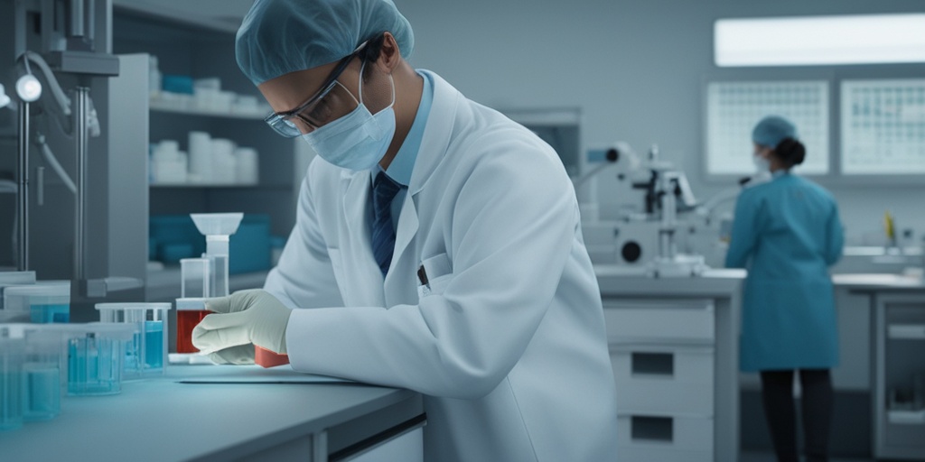 Healthcare worker in laboratory conducts tests to diagnose Bird Flu, surrounded by medical equipment.