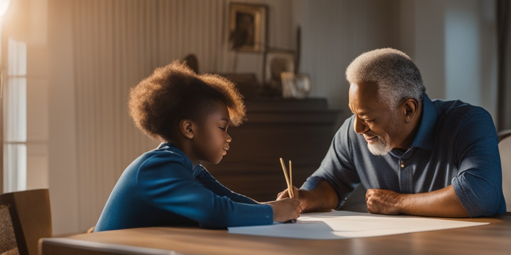 Heartfelt family conversation about funeral planning with documents and laptop on a table against a trustworthy blue background.