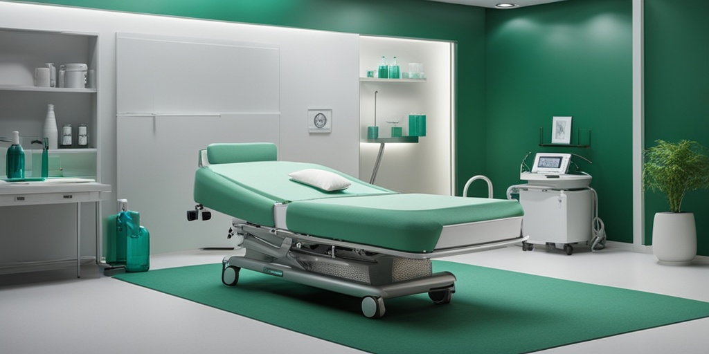 Highly detailed home health care equipment setup featuring a hospital bed, oxygen tank, and wheelchair in a calming green and blue color scheme.