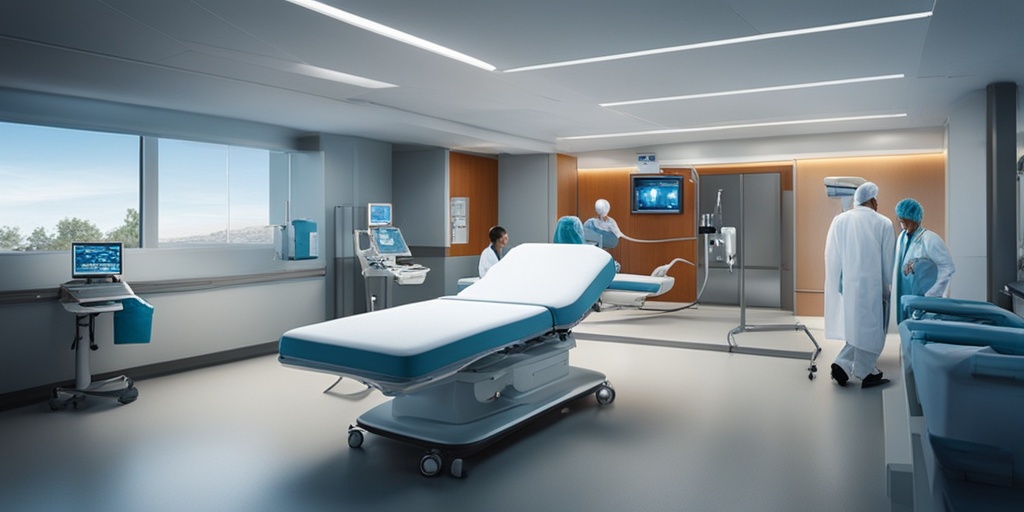 Hospital room with multiple machines beeping, surrounded by medical team working together to save patient's life, with deep blue background conveying urgency.