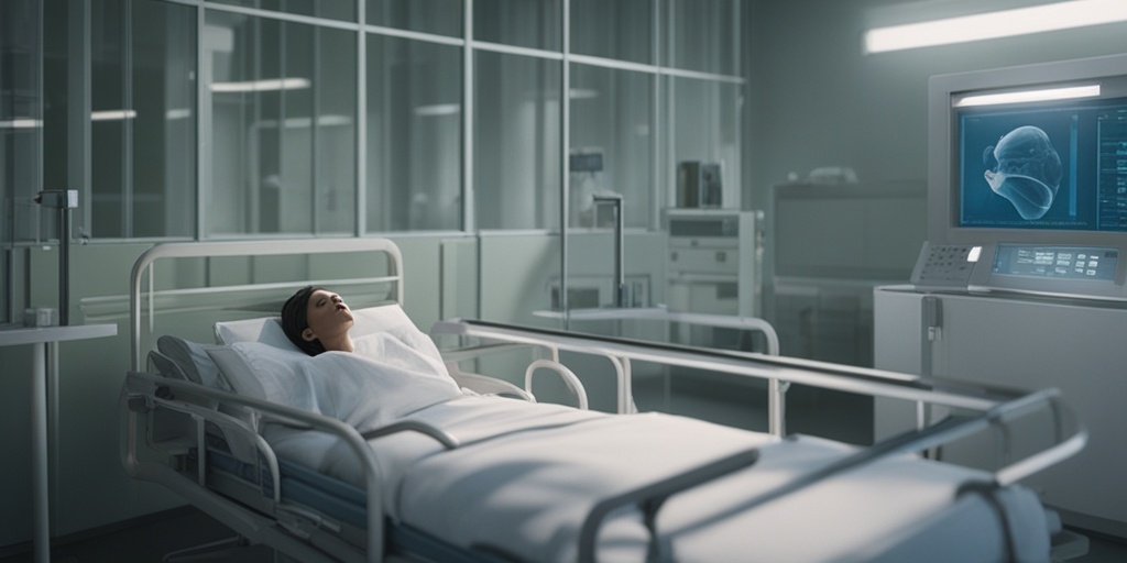 Hospitalized person experiences Bird Flu symptoms, surrounded by medical equipment and concerned healthcare worker.