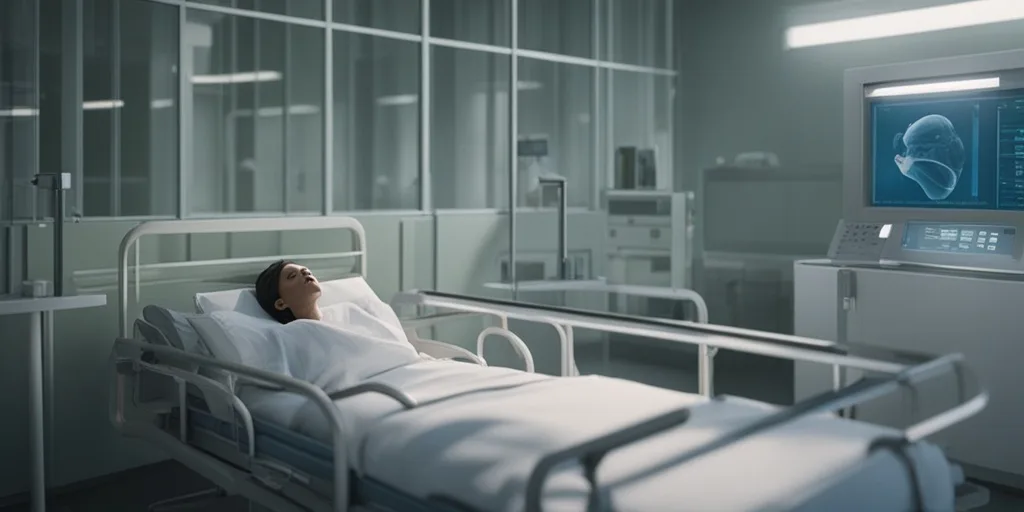 Hospitalized person experiences Bird Flu symptoms, surrounded by medical equipment and concerned healthcare worker.