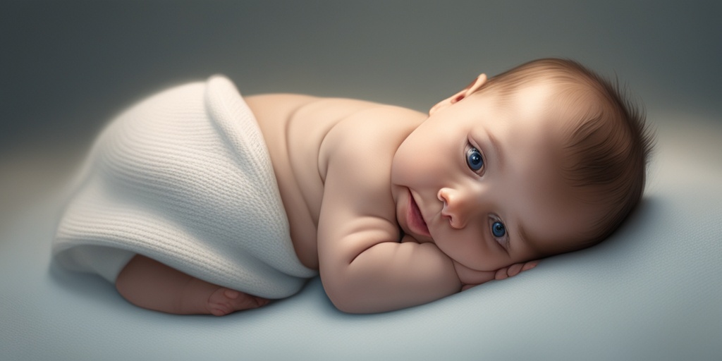 Infant lies on white blanket with curious expression, showing symptoms of umbilical hernia.