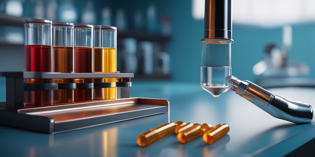 Laboratory setting with microscope and chart displaying normal and high triglyceride levels on a blue background.