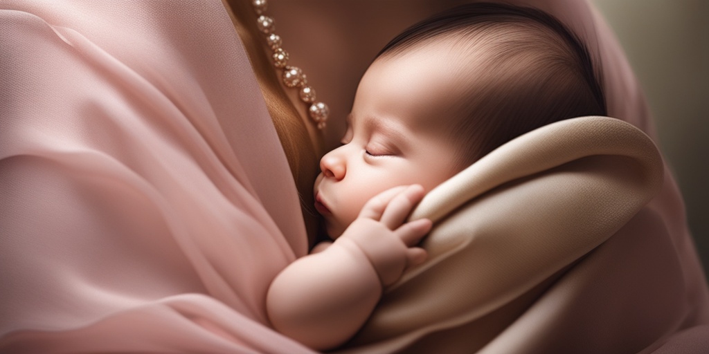 Loving mother gazes at baby during intimate breast-feeding moment, with soft focus and warm color palette.