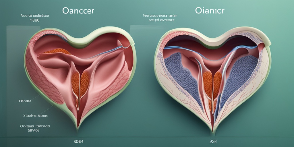 Medical illustration of four stages of ovarian epithelial cancer, showcasing disease progression.