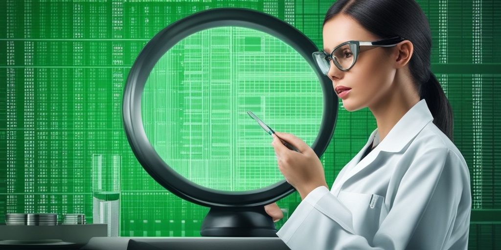 Medical professional scrutinizes lab test results with magnifying glass, ensuring accuracy.