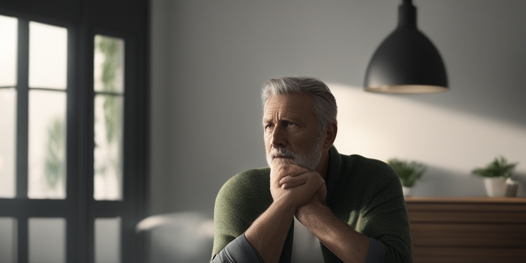 Middle-aged man experiencing spermatocele symptoms with subtle pain expression in soft white and green background.